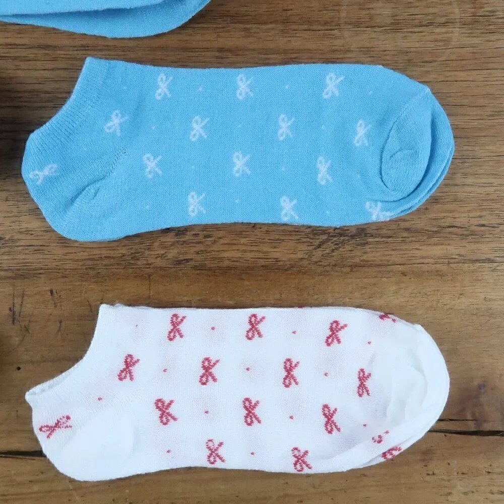 5 PAIR BLUE & YELLOW & WHITE ANKLE SOCKS WITH BOW & HEART PRINT SIZE 5 TO 8 NWT